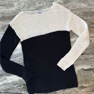 Katherine Barclay Black and White Colorblock Crew Neck Sweater Merino Wool